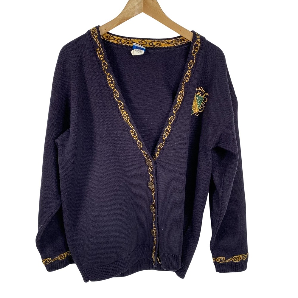 Vintage Panther Sweater Mens Large Navy Blue Gold Crest‎ Cardigan Knit USA 90s
